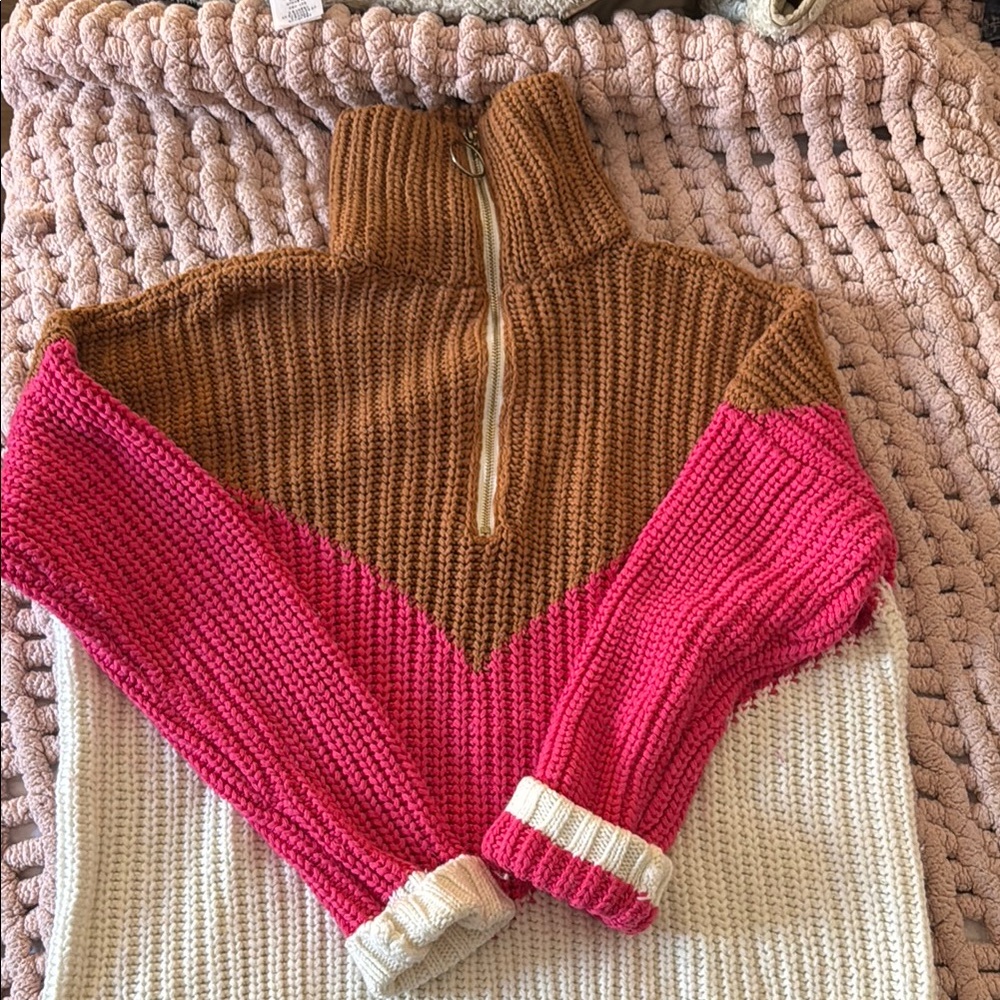 Show Me Your MuMu Weston Half Zip Pullover Sweater in Brown and Pink